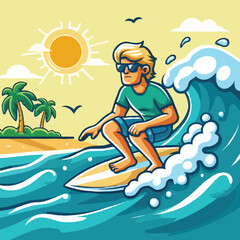 Vector a cartoon of a surfer riding a wave on a sunny day