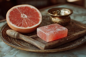 Pink grapefruit and soap on a decorative tray.