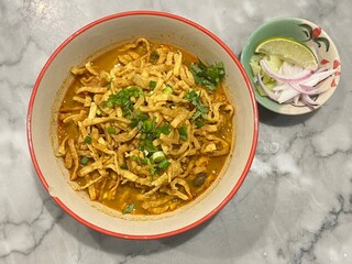 Puffball mushroom Northern Thai Curry Noodles with pickle crispy noodle