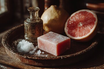 Elegant arrangement of citrus fruits, soap, and vintage bottle on a wooden tray.