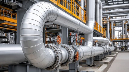 Naklejka premium Close-up on the silver, insulated pipes of a petrochemical plant, highlighting the complex engineering and industrial scale