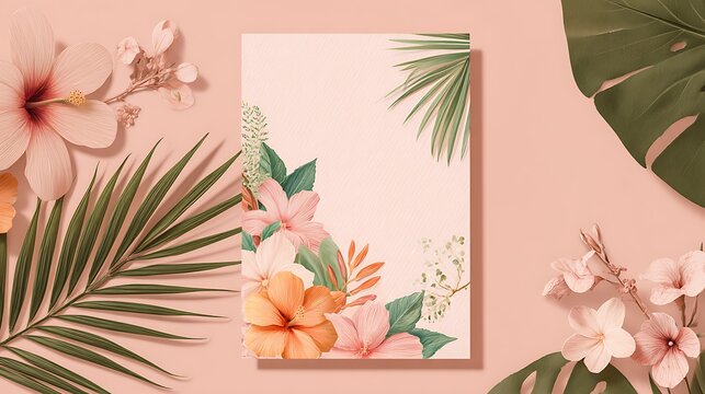 Elegant Tropical Floral Invitation Design Pink Hibiscus and Palm Leaves