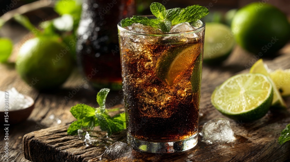 Poster a close-up of a glass of coke with ice, garnished with fresh mint leaves and a lime wedge, placed on