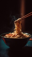 Steaming noodles being lifted with chopsticks from a bowl.