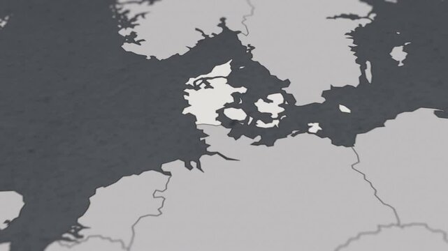 Map of DENMARK, From above zooming in to show country&nbsp;with borders.