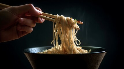 Noodles being lifted with chopsticks from a bowl.