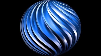 Abstract Sphere with Curved Metallic Blue and White Ribbons on Black
