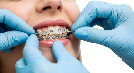 A close-up of a young Caucasian girl with braces, smiling while a dentist adjusts the orthodontic wire. The background is transparent, highlighting the dental procedure.