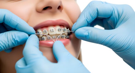 A close-up of a young Caucasian girl with braces, smiling while a dentist adjusts the orthodontic wire. The background is transparent, highlighting the dental procedure.