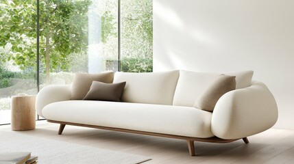 A cozy and modern white sofa adorned with soft pillows, situated in a bright living room filled with natural light, ideal for relaxation and contemporary decor inspiration.