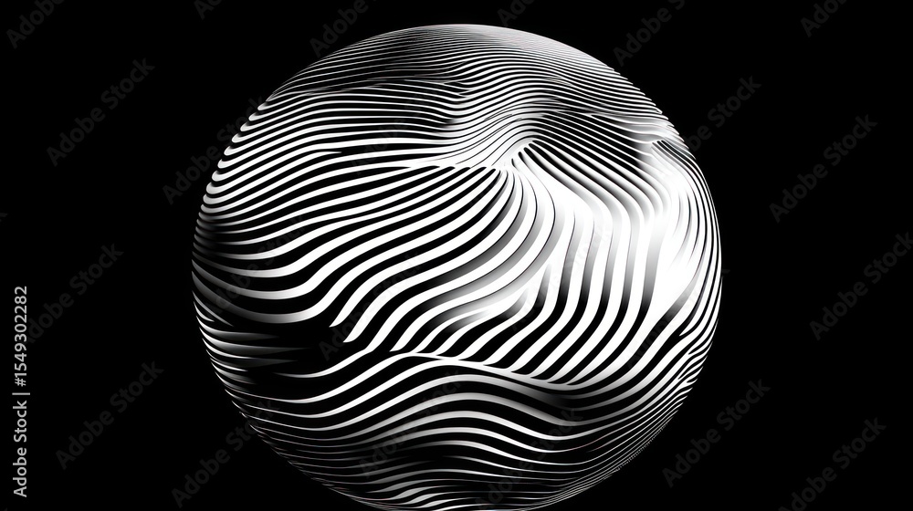 Poster abstract optical illusion sphere with curved lines in black and white, creating a mesmerizing and hy
