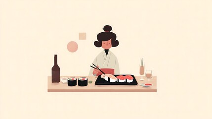 Woman enjoying a sushi meal.