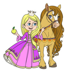 Beautiful cartoon blond princess in lush ball dress feed brown horse an apple on white background