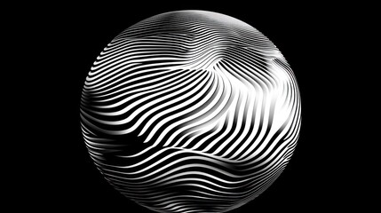 Abstract optical illusion sphere with curved lines in black and white, creating a mesmerizing and hypnotic visual effect