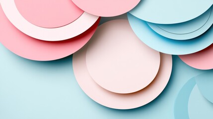 Pastel colored paper circles abstract background with soft light and shadow effects creating a delicate and modern aesthetic