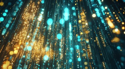 Abstract background of glowing blue and golden particles shimmering elegantly