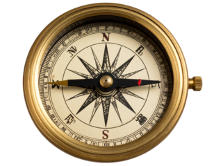Old-fashioned brass compass with detailed needle and markings, transparent background. 