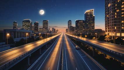 Nighttime urban highway with city skyline moonlit sky and illuminated buildings