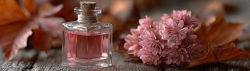 A glass bottle of fragrant liquid next to delicate pink flowers.
