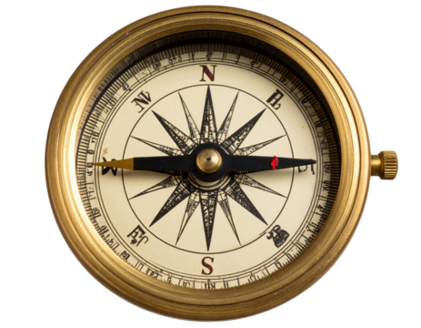 Old-fashioned brass compass with detailed needle and markings, transparent background. 