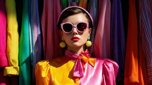 Fashionista's Style Statement: A stylish woman with sunglasses, poised in a vibrant wardrobe setting, showcasing modern fashion trends and flair.