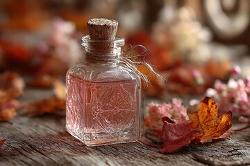 Small glass bottle with a light pink liquid and autumn leaves.