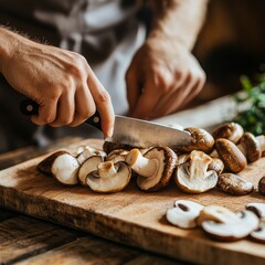 Fresh Mushrooms Being Chopped by a Chef in a Rustic Kitchen Setting