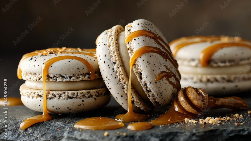 Poster A close-up of caramel-flavored macarons with a glossy caramel drizzle on top, arranged neatly on a dark stone surface with caramel sauce swirled around.