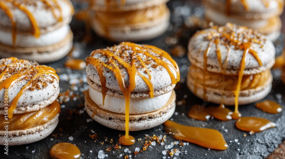 Poster A close-up of caramel-flavored macarons with a glossy caramel drizzle on top, arranged neatly on a dark stone surface with caramel sauce swirled around.