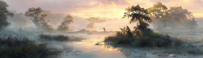 Misty sunrise over a tranquil swamp.