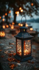 Dark lantern with sparkling lights on a stone surface.