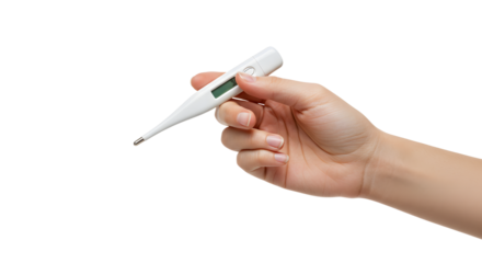 Holding Digital Thermometer in Hand for Health Monitoring on White