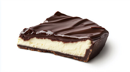 A slice of chocolate ganache-topped cheesecake with a creamy filling and a chocolate biscuit base, on a white background, highlighting its layered textures and glossy appearance.