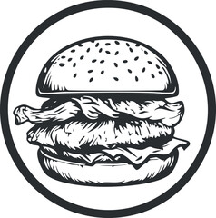 Black and white illustration of a grilled chicken burger with bacon and sesame bun in a circle frame