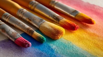 Fototapeta premium A close-up of paintbrushes and watercolor paints beside a beautifully colored artwork, capturing the transition from drawing to vibrant coloring