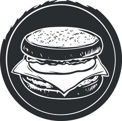 Black and white hand-drawn cheeseburger illustration with bun, cheese slice, and beef patty in circular frame