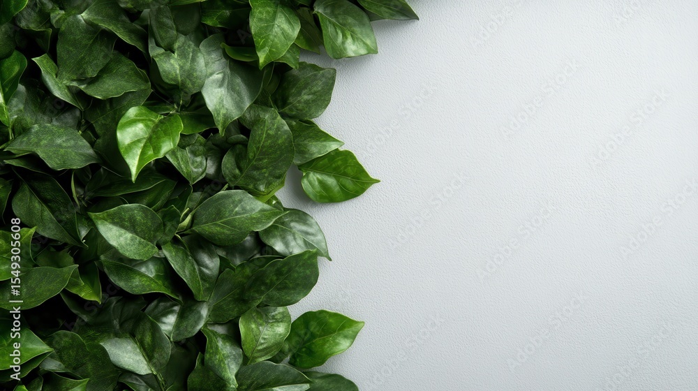 Poster a vibrant display of lush green leaves arranged artistically against a soft light background, creati