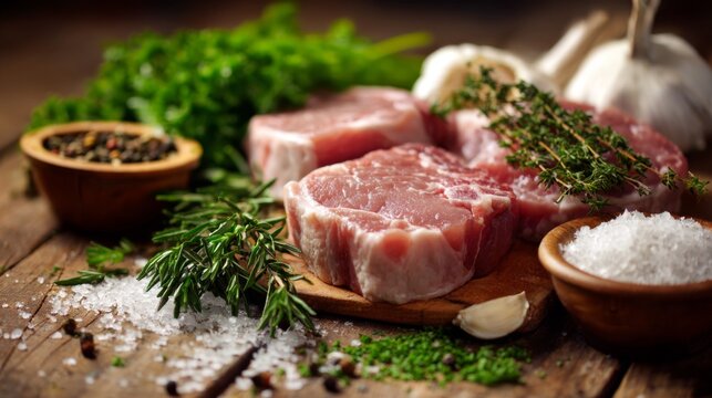 A close-up of raw pork chops on a butcher's table, surrounded by fresh herbs, garlic, and coarse salt, ready for cooking