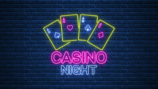 casino night and game cards neon lights on brick wall flicker animation, poker gambling and game motion design element	
