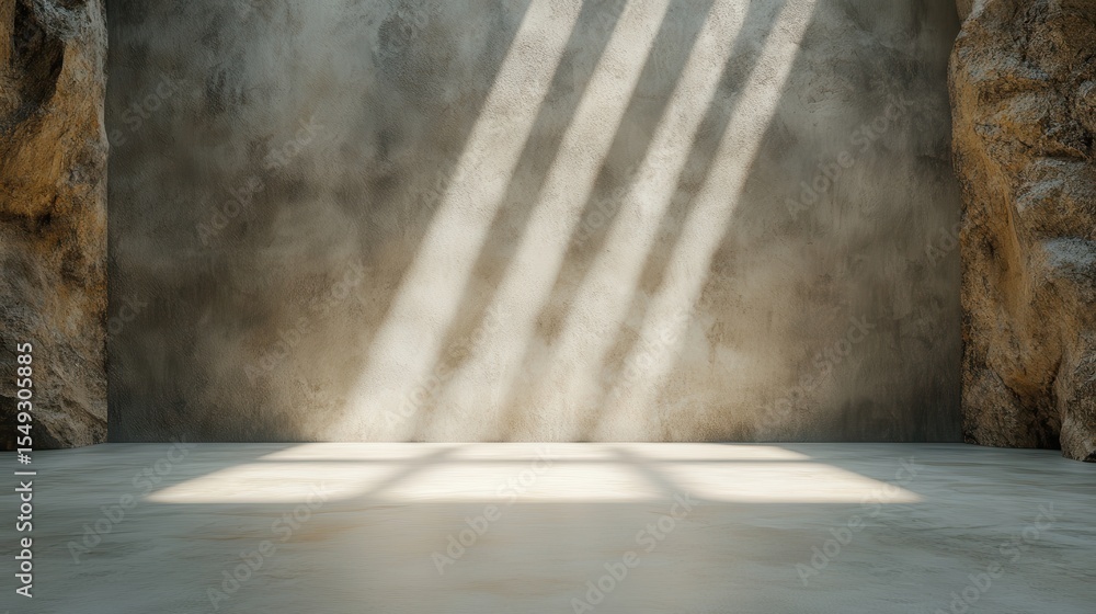 Poster this image captures a stark, empty room with beams of light casting striking shadows against a textu