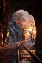 Railroad tracks through a snowy mountain tunnel at sunrise.
