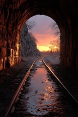 Sunrise through a tunnel on railroad tracks.