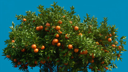 Lush Orange Tree Laden with Ripe Fruit under Clear Blue Sky, Natural Fresh Style with High Angle View