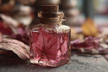 Delicate bottle with pressed autumn leaf in a deep pink liquid.