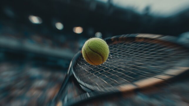 A close-up shot of a tennis ball in mid-air, with a blurred racket swinging in the background, capturing the dynamic motion of a tennis match.