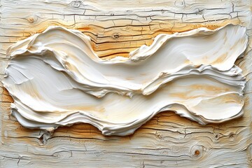 Creamy white and pale orange abstract swipes on a distressed wood grain background