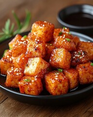 Crispy, golden-brown, cubed food, glazed with a sweet, savory sauce, topped with sesame seeds and green onions, on a dark plate