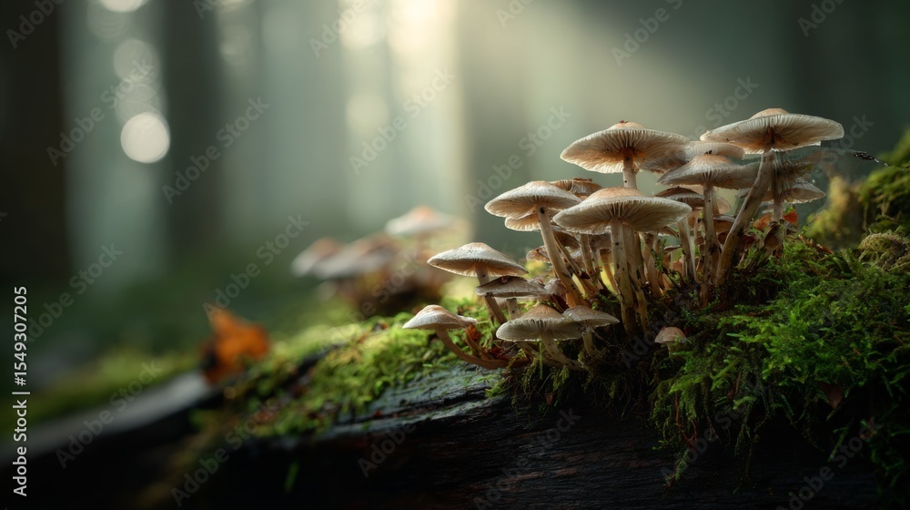 Poster A cluster of mushrooms growing on a decaying log in the forest, with soft, diffused light creating a mystical, forest atmosphere