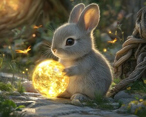 Cute gray bunny holds luminous orb in enchanted forest