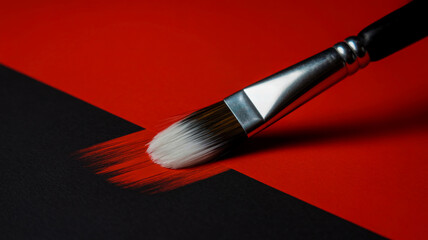 A close-up photograph of a paintbrush against a split background of black and red